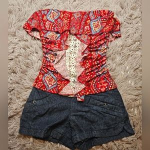 Vintage Bold dark red Southwetern Atztec Fiesta demin short romper XS Rewind